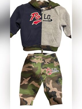 Ralph Lauren Kids Two-Tone Hoodie & Camo Joggers - Navy, Gray & Green Camo 6MO